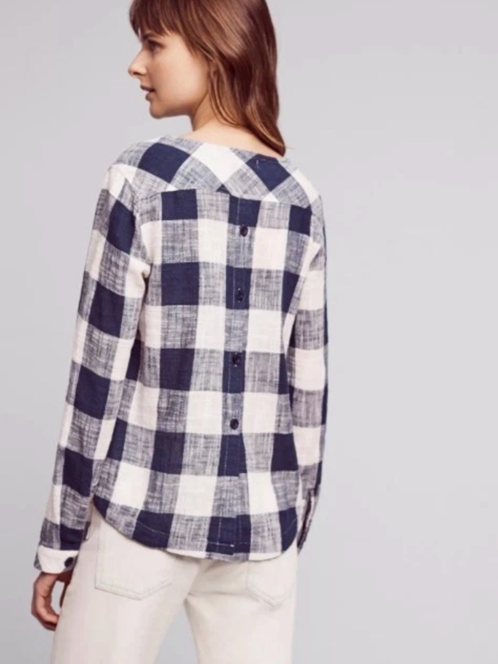 Anthropologie Cloth & Stone Blouse Linen Blend‎ M Navy Blue White Buffalo Plaid - Picture 2 of 10